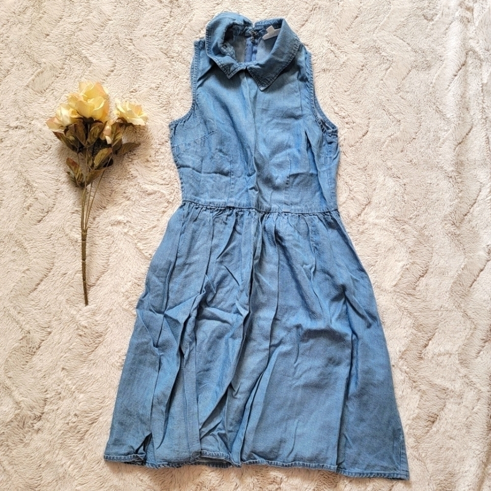 Maison Jules Collared Blue Sleeveless A-Line Denim-Look Dress Size XS
